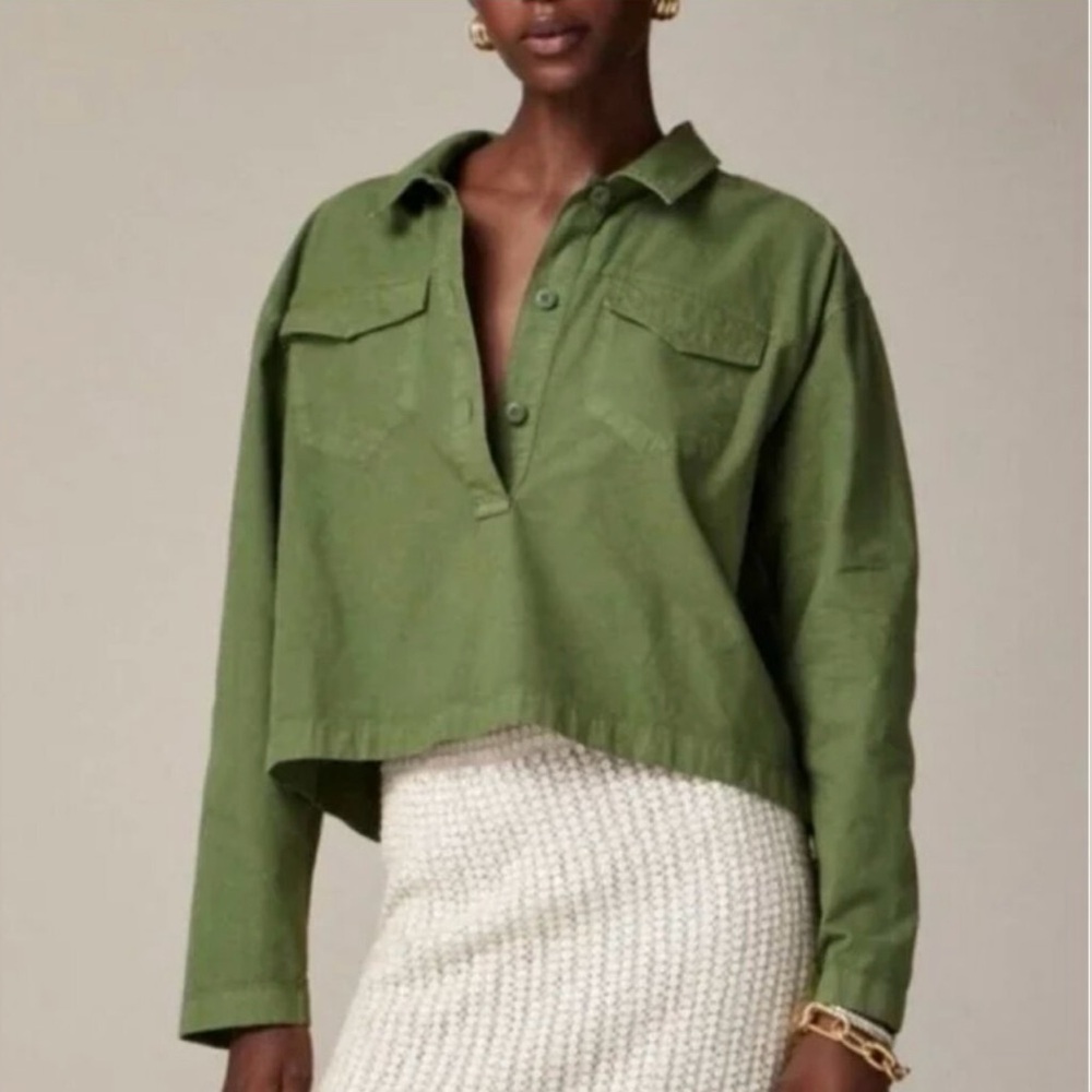 J. Crew Popover Cropped Shirt Cotton/Linen Long Sleeve Army Green Size Small NWT